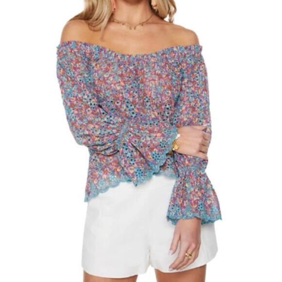 Ramy Brook Top Blouse Embroidered Eyelet Oakleigh Printed Off Shoulder - Picture 11 of 11